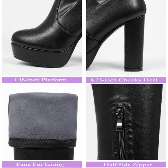 Women Black-pj-pu Synthetic Chunky Heel Side Zipper Thigh High Western Boots - Picture 2 of 9